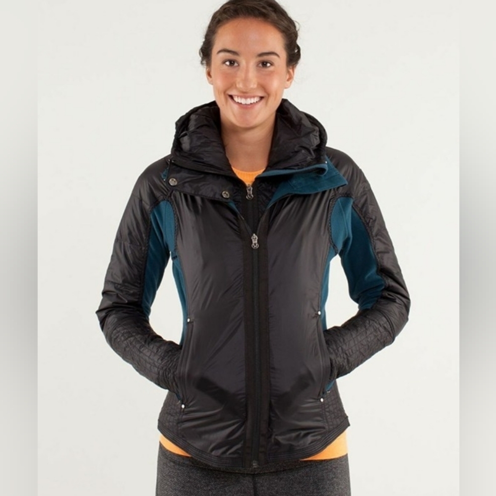 Women's Black and Teal Hooded Insulated Jacket